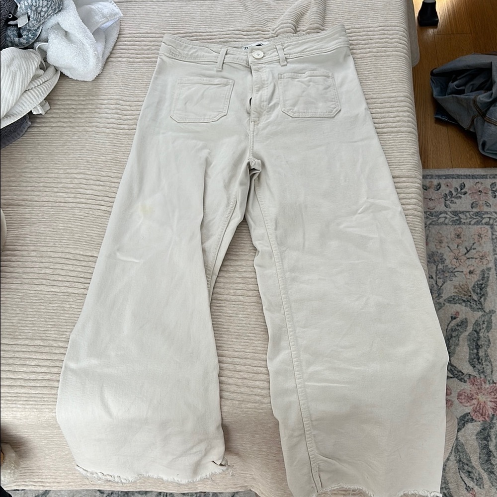 Zara Cream Flare Wide-Leg Jeans